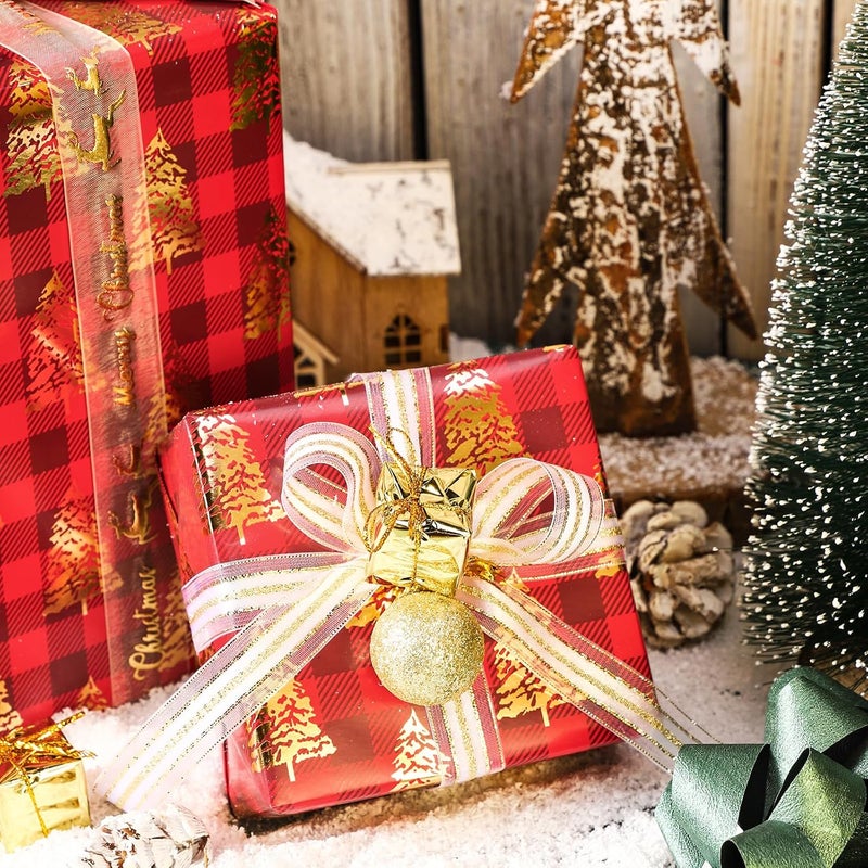 LeZakaa Red Gold Christmas Wrapping Paper Mini Roll, Christmas Tree Buffalo Plaid, Holly Jolly, Wreath Metallic Foil Holiday Gift Wrap, Arts Craft, for Xmas Winter Party, 17 x 120 inches, 3 Rolls - Image 5